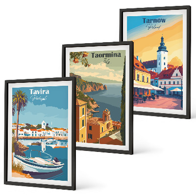 Juego de 3 cuadros Vistas de ciudades costeras