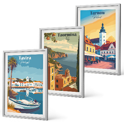 Juego de 3 cuadros Vistas de ciudades costeras