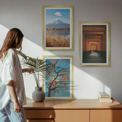 Set de 3 cuadros para salón con paisajes naturales japoneses