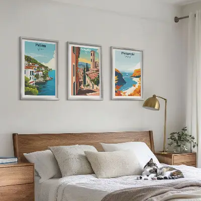 Set de 3 cuadros para salón con diseño de paisajes retro pintorescos