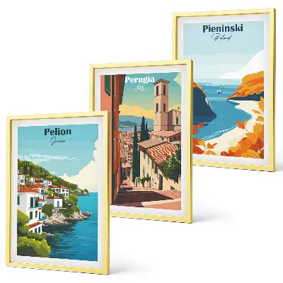 Set de 3 cuadros para salón con diseño de paisajes retro pintorescos