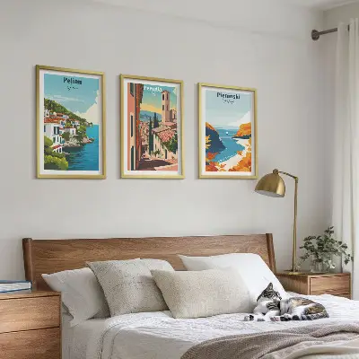 Set de 3 cuadros para salón con diseño de paisajes retro pintorescos