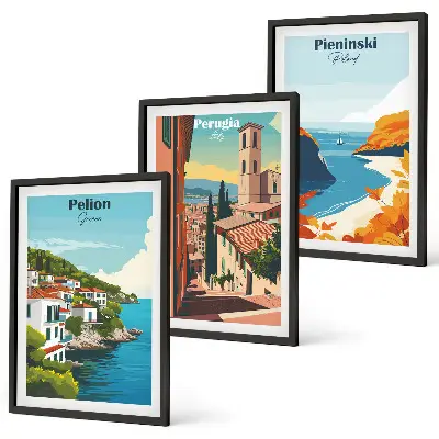 Set de 3 cuadros para salón con diseño de paisajes retro pintorescos