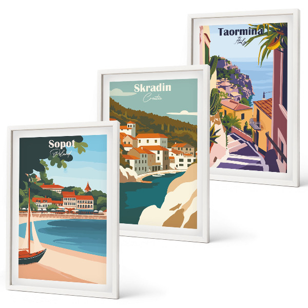 Juego de 3 cuadros Ilustraciones de pueblos costeros