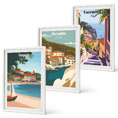 Juego de 3 cuadros Ilustraciones de pueblos costeros