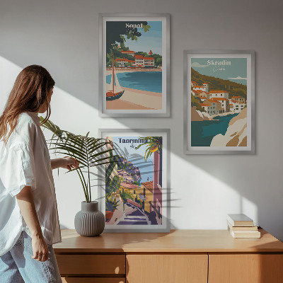 Juego de 3 cuadros Ilustraciones de pueblos costeros