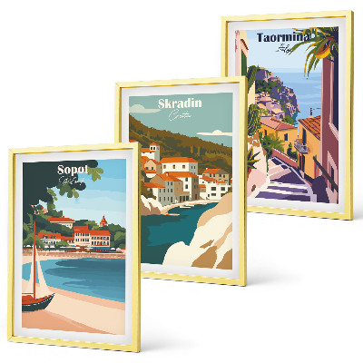 Juego de 3 cuadros Ilustraciones de pueblos costeros