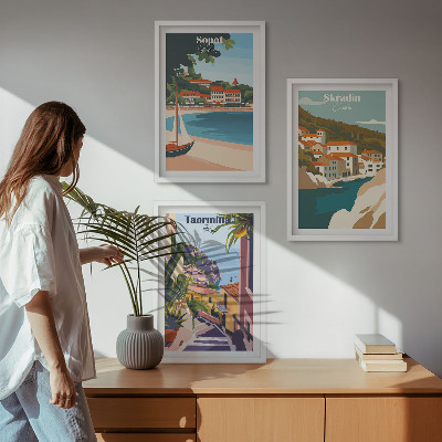 Juego de 3 cuadros Ilustraciones de pueblos costeros