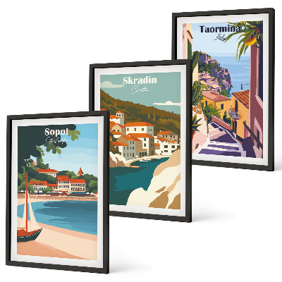 Juego de 3 cuadros Ilustraciones de pueblos costeros