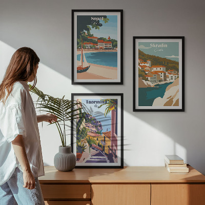 Juego de 3 cuadros Ilustraciones de pueblos costeros