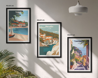 Juego de 3 cuadros Ilustraciones de pueblos costeros