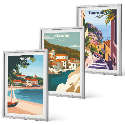 Juego de 3 cuadros Ilustraciones de pueblos costeros