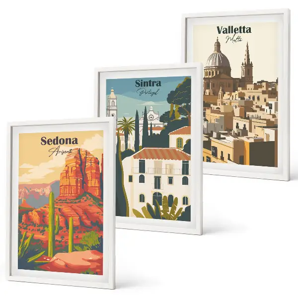 Set de 3 cuadros para salón con diseños retro de las vistas de Sedona, Sintra y La Valeta