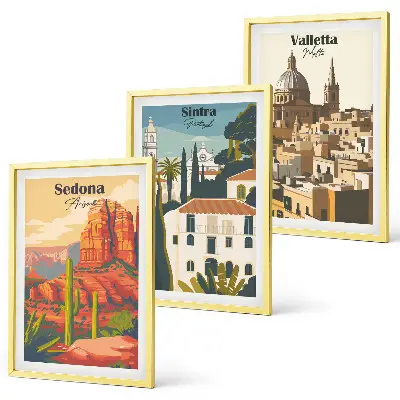 Set de 3 cuadros para salón con diseños retro de las vistas de Sedona, Sintra y La Valeta