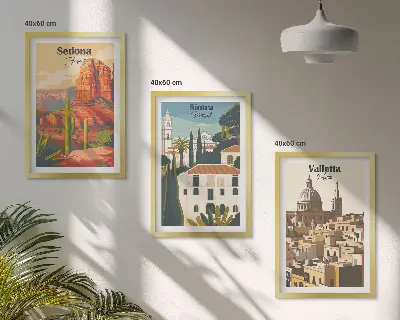 Set de 3 cuadros para salón con diseños retro de las vistas de Sedona, Sintra y La Valeta