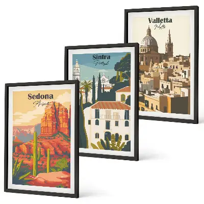 Set de 3 cuadros para salón con diseños retro de las vistas de Sedona, Sintra y La Valeta