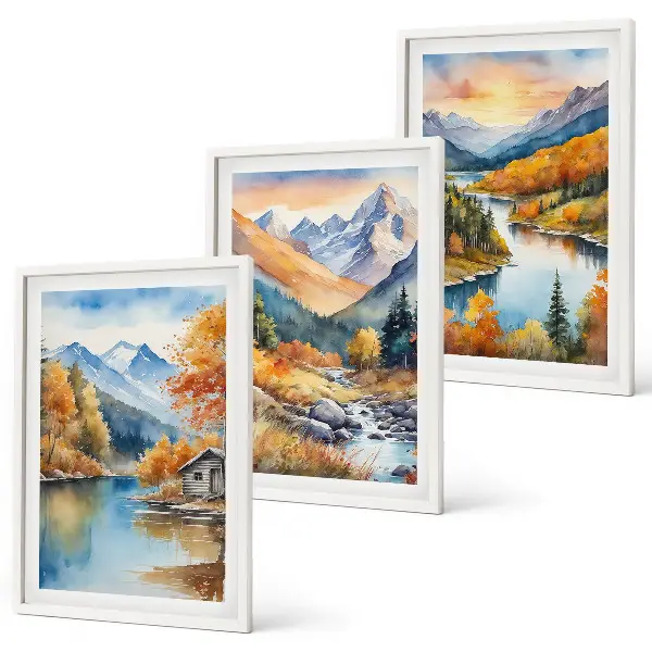 Juego de 3 cuadros paisaje montañoso con río en otoño