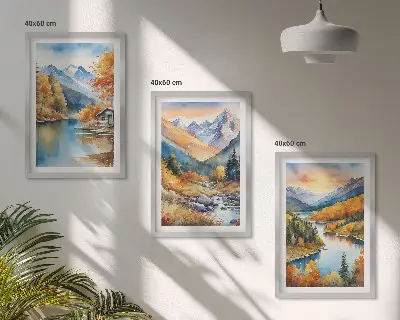 Juego de 3 cuadros paisaje montañoso con río en otoño