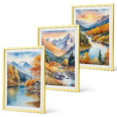 Juego de 3 cuadros paisaje montañoso con río en otoño
