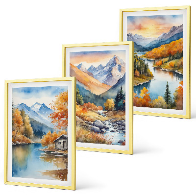 Juego de 3 cuadros Paisaje montañoso, río, otoño