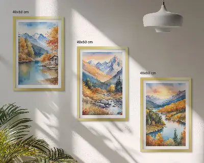Juego de 3 cuadros paisaje montañoso con río en otoño