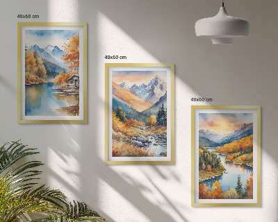 Juego de 3 cuadros Paisaje montañoso, río, otoño