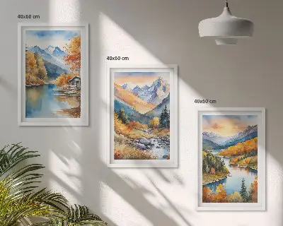 Juego de 3 cuadros paisaje montañoso con río en otoño