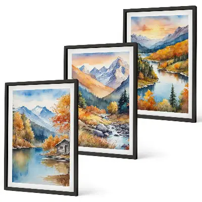 Juego de 3 cuadros paisaje montañoso con río en otoño