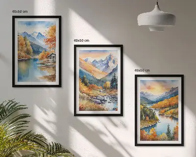 Juego de 3 cuadros paisaje montañoso con río en otoño