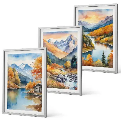 Juego de 3 cuadros paisaje montañoso con río en otoño