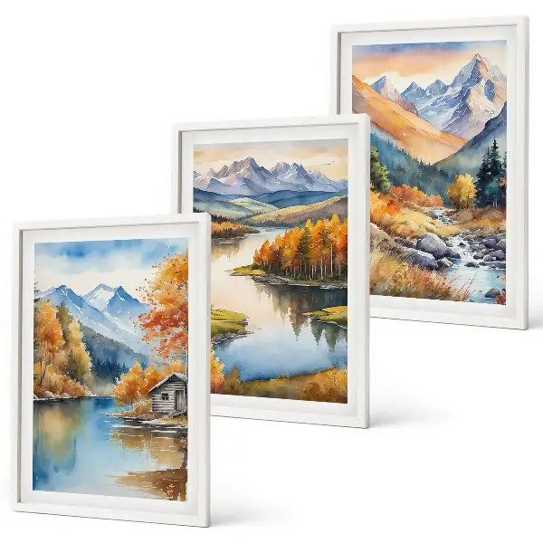 Set de 3 cuadros para salón con diseño de río de montaña y árboles de otoño