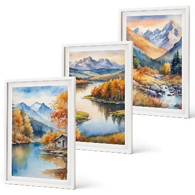 Set de 3 cuadros para salón ríos de montaña árboles de otoño