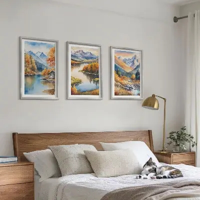 Set de 3 cuadros para salón con diseño de río de montaña y árboles de otoño
