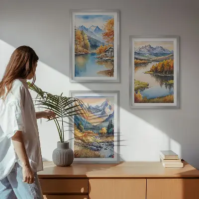 Set de 3 cuadros para salón con diseño de río de montaña y árboles de otoño