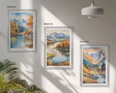 Set de 3 cuadros para salón con diseño de río de montaña y árboles de otoño