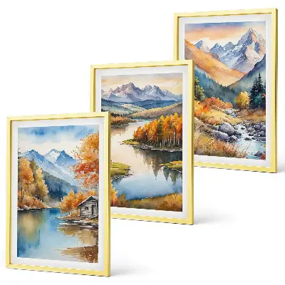 Set de 3 cuadros para salón con diseño de río de montaña y árboles de otoño