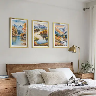 Set de 3 cuadros para salón con diseño de río de montaña y árboles de otoño