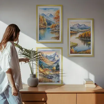 Set de 3 cuadros para salón con diseño de río de montaña y árboles de otoño