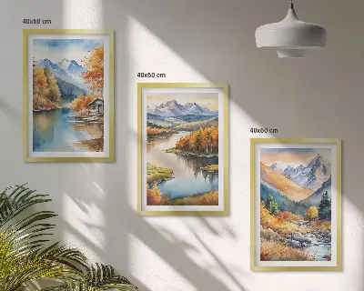Set de 3 cuadros para salón con diseño de río de montaña y árboles de otoño