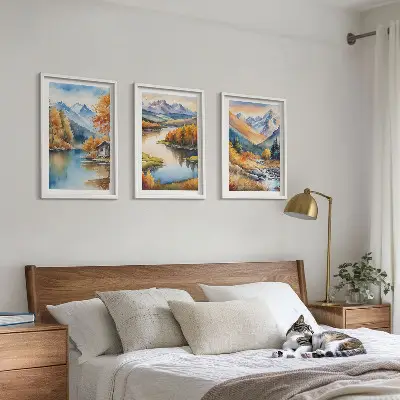 Set de 3 cuadros para salón con diseño de río de montaña y árboles de otoño