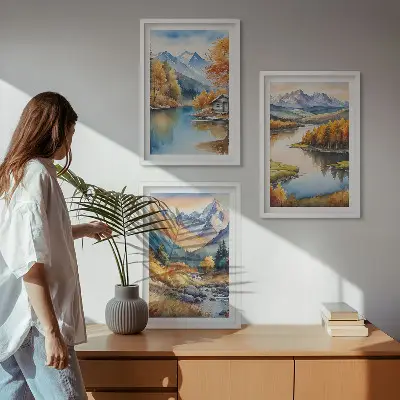 Set de 3 cuadros para salón con diseño de río de montaña y árboles de otoño