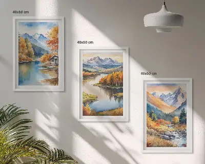 Set de 3 cuadros para salón con diseño de río de montaña y árboles de otoño