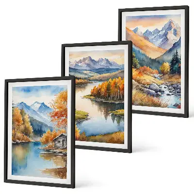 Set de 3 cuadros para salón con diseño de río de montaña y árboles de otoño