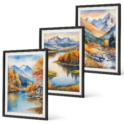 Set de 3 cuadros para salón ríos de montaña árboles de otoño