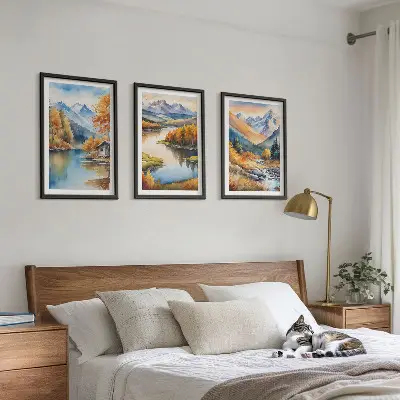Set de 3 cuadros para salón con diseño de río de montaña y árboles de otoño
