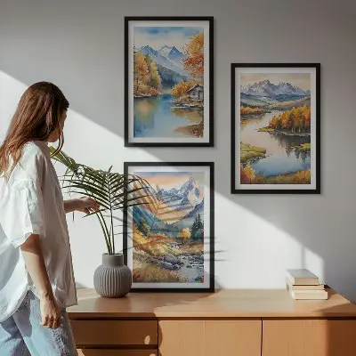 Set de 3 cuadros para salón con diseño de río de montaña y árboles de otoño