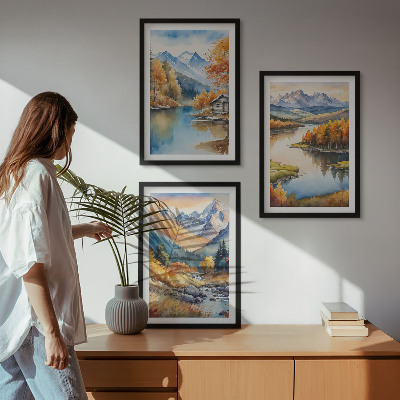 Set de 3 cuadros para salón ríos de montaña árboles de otoño