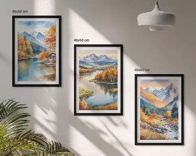 Set de 3 cuadros para salón con diseño de río de montaña y árboles de otoño