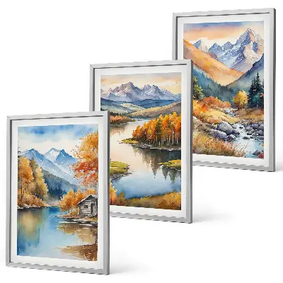 Set de 3 cuadros para salón con diseño de río de montaña y árboles de otoño