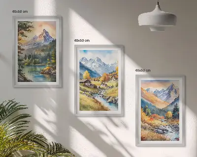 Juego de 3 cuadros de paisaje montañoso con un río